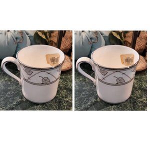 TWO Lenox CROSSROADS COFFEE MUG /S White Bone China Platinum Trim